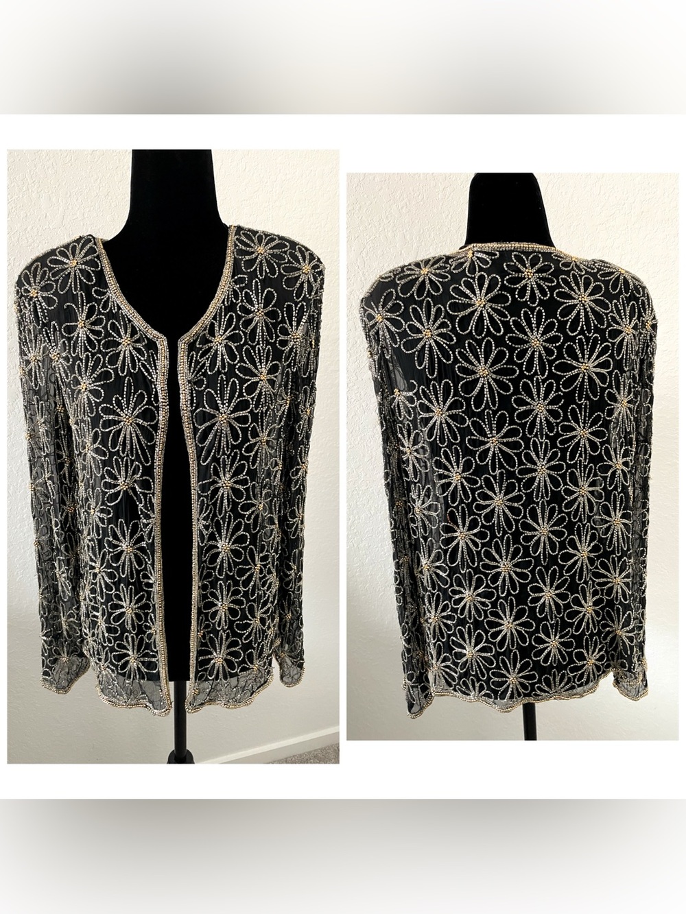 Mark & John by Gopal Black Sheer Beaded Floral Open Front Cardigan Long Sleeve M